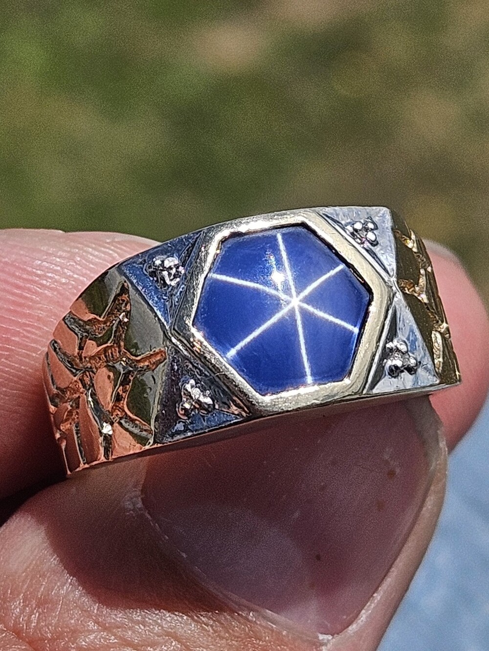 Men's 12.4mm 10k White & Yellow Gold Blue Star Sapphire Hexagon Signet Ring